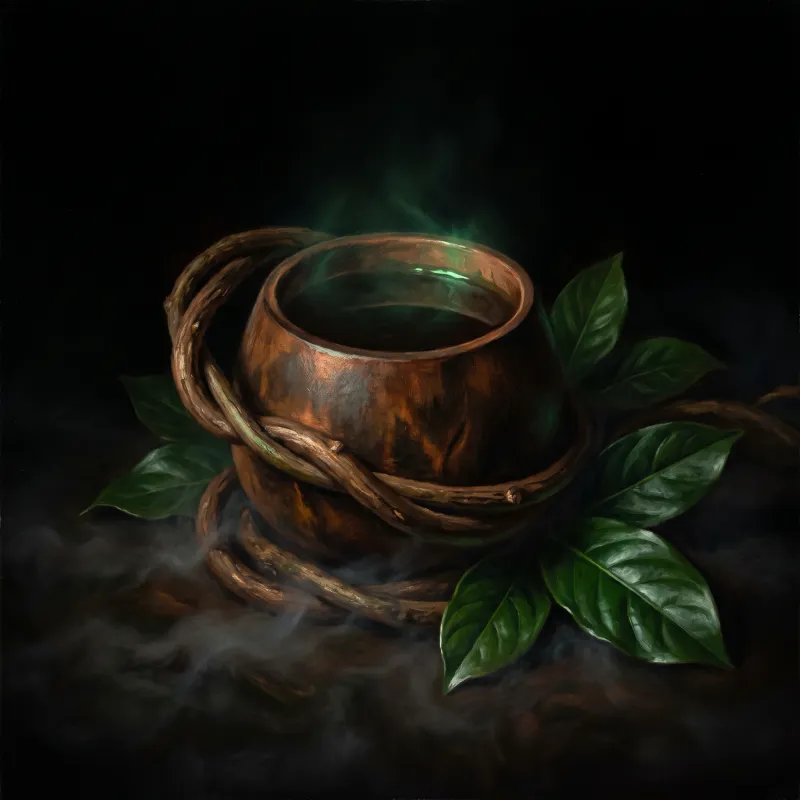 Cuia de ayahuasca com cipó jagube e folhas de chacrona