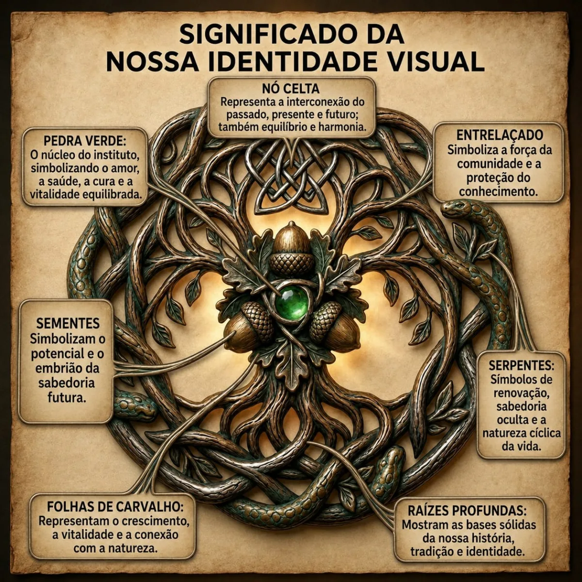 Significado da identidade visual do Instituto Essência Una: nó celta, pedra verde, entrelaçado, sementes, serpentes, folhas de carvalho e raízes profundas